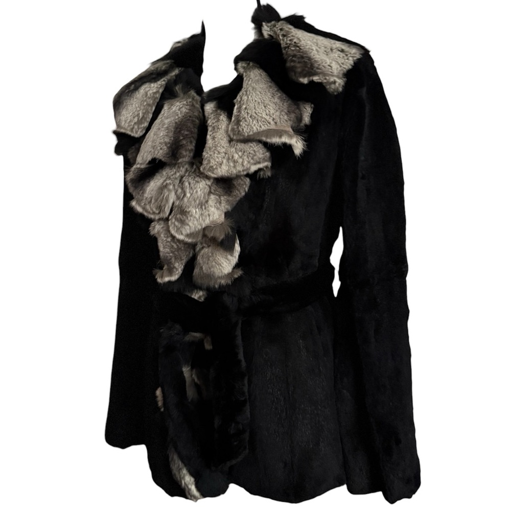 Elegant Black and Gray Rex Chinchilla Rabbit Fur Jacket Coat